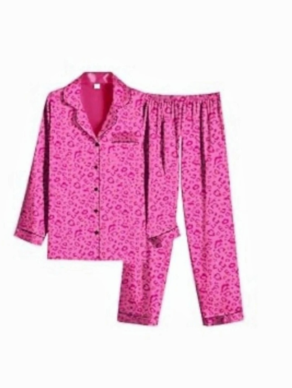 Satin Long Pajama Set Pink Leopard